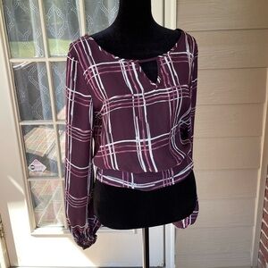 BCX Burgundy and White Plaid Blouse